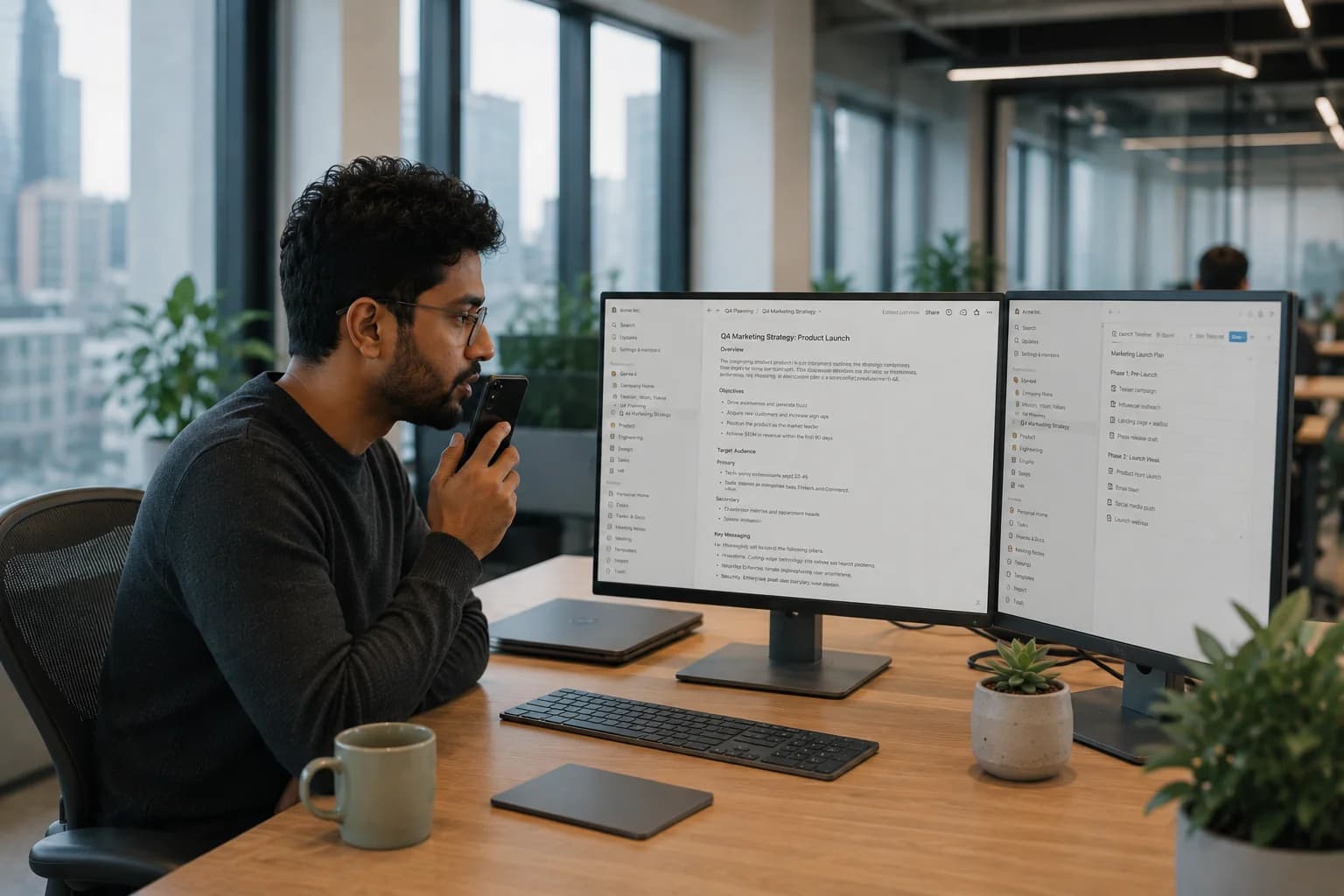 A man at his office desk speaks softly into his phone while the two monitors in front of him fill with text — no keyboard, no raised voice.